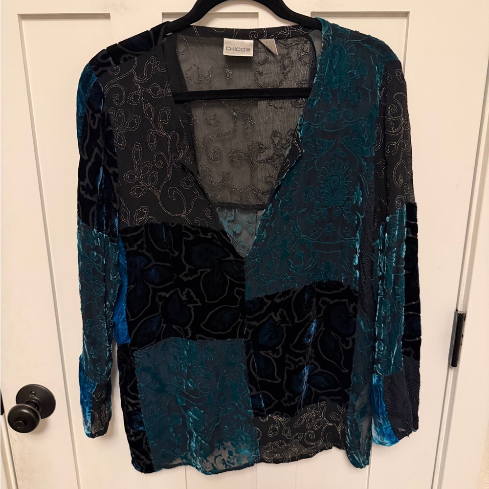 Chico's Teal and Black Patchwork Velvet V-Neck Blouse